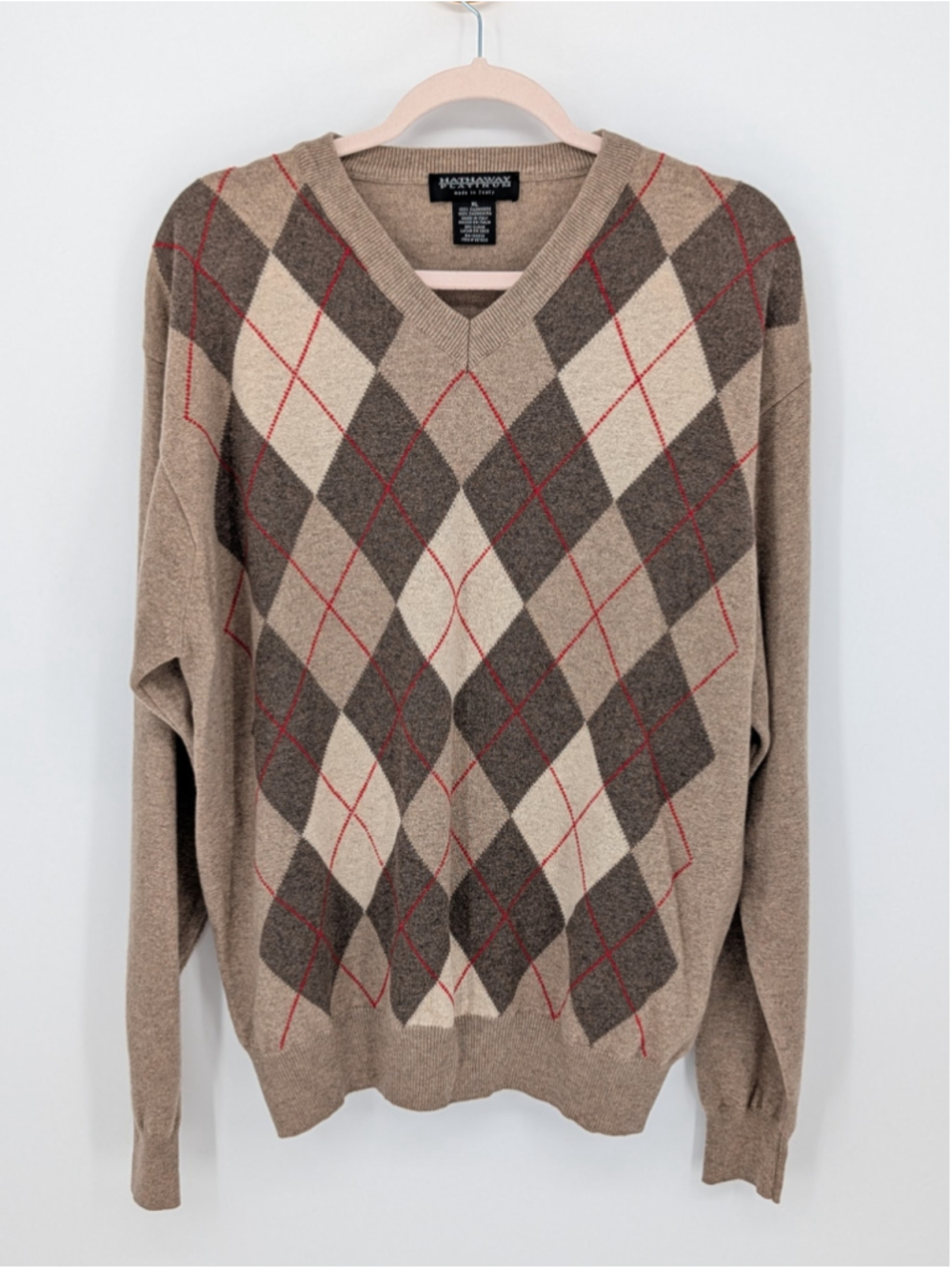 Hathaway Platinum 100% Cashmere Argyle Sweater Men XL Italy Brown Red